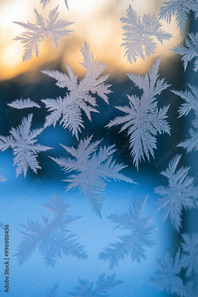 Poster a close up of snowflakes on a window. the snowflakes are all different shapes and sizes, and they ar