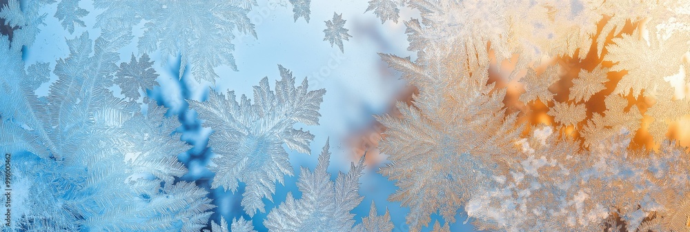 Poster a frosty window with snowflakes on it. the snowflakes are in different sizes and shapes
