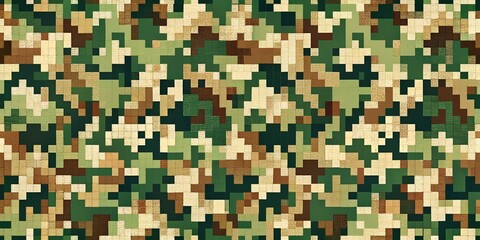 Vibrant, abstract digital camouflage pattern with distorted squares in shades of green, brown, and beige, resembling a pixelated, high-tech, futuristic military-inspired textile design.