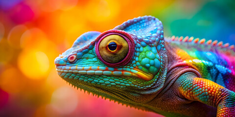 Obraz premium Vibrant chameleon blending into colorful background, camouflage, lizard, exotic, wildlife, colorful, vibrant, nature