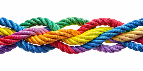 of a strong diverse team intertwining colorful ropes, symbolizing partnership, unity, and support, teamwork, diverse