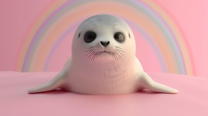 A cute cartoon seal pup with a rainbow in the background.