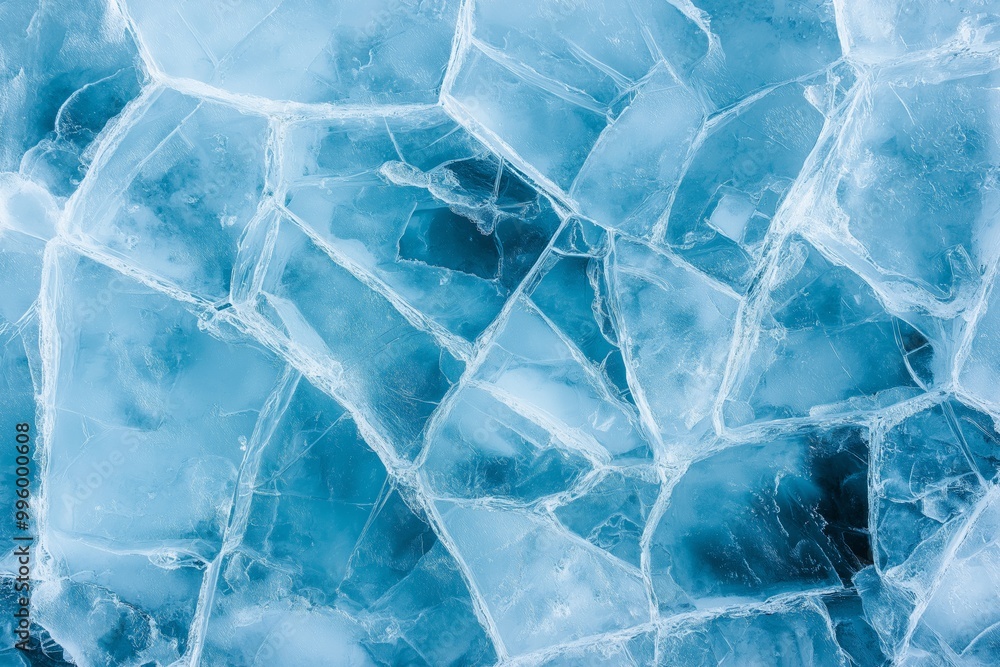 Poster the image is of a blue ice sculpture with a jagged, broken surface. the blue color of the ice contra