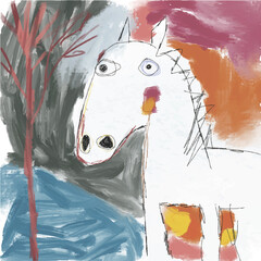 hand drawn doodle horse in forest, vector image