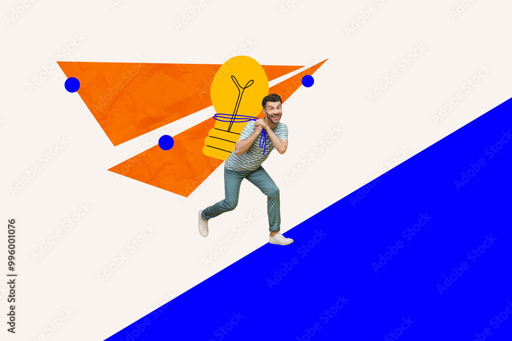 Aufkleber collage sketch banner of happy joyful businessman running carrying lamp bulb success project startup