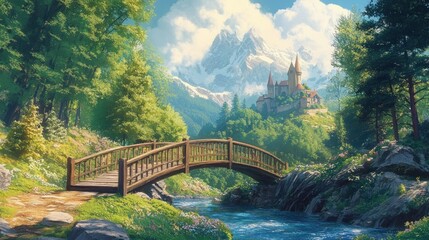 Fototapeta premium A wooden bridge over a river with a castle on a mountain in the background