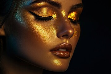 Fashion portrait of beautiful woman with golden make-up on dark background with generative ai