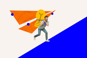 Collage sketch banner of happy joyful businessman running carrying lamp bulb success project startup