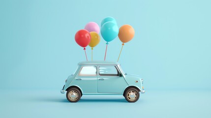 A blue car with colorful balloons on top on a light blue background.