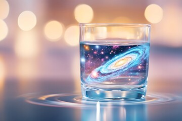 A glass of water with the universe inside, galaxies swirling within it
