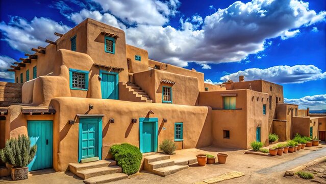 Vibrant adobe architecture and turquoise accents against a bright blue sky, capturing the unique cultural heritage and stunning landscapes of New Mexico's rustic desert towns.