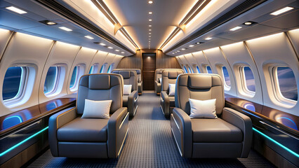 Obraz premium Modern airplane cabin interior featuring comfortable seating, elegant lighting, and sleek design elements, airplane, cabin