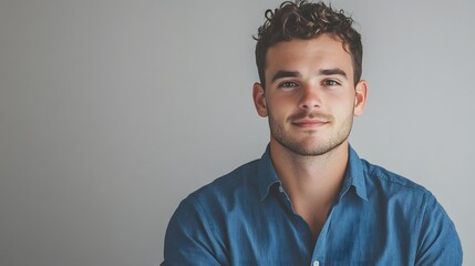 Fototapeta premium Portrait of a Young Man with Curly Hair Wearing a Blue Shirt
