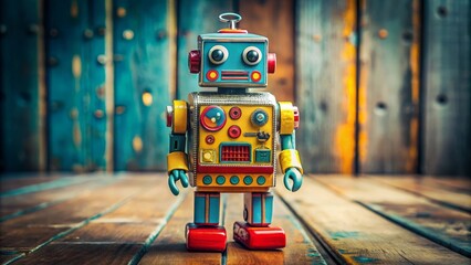 Fototapeta premium Colorful vintage toy robot standing on a wooden surface with a blue wooden plank background