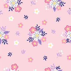 Hand drawn seamless pattern with stylized tiny flowers in pastel colors on pink background