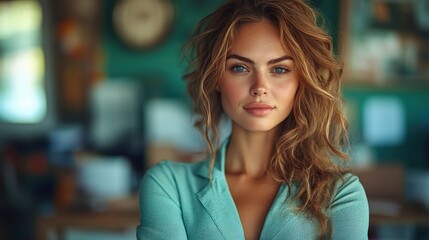 Obraz premium Portrait of a Beautiful Young Woman with Blue Eyes and Long Wavy Hair