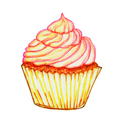 Cupcake drawn by hand with colored markers. Sketch illustration of sweet food isolated on white background. Hand-drawn colorful sweets.