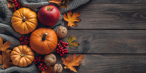 Harvest or Thanksgiving background with pumpkins, blanket, dried fall leaves, apples, red berries, walnuts on wooden table. Flat lay composition