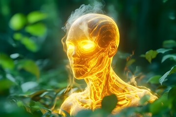 A glowing human figure made of fire, floating in the air and surrounded by lush greenery and dense forests