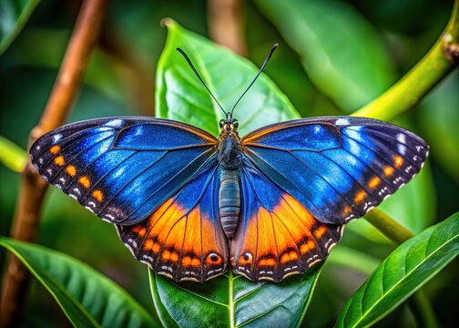 Vibrant blue and orange Polyura athamas butterfly perches on a leaf, its intricate wing patterns and delicate legs a testament to nature's subtle beauty.
