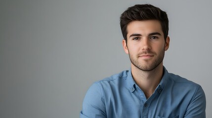 Portrait of a Young Man with a Blue Shirt and Short Brown Hair