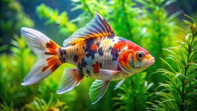 Vibrant calico shubunkin goldfish swim in a calm, shallow aquarium amidst lush green aquatic plants, its multi-colored scales catching light and shimmering beautifully.