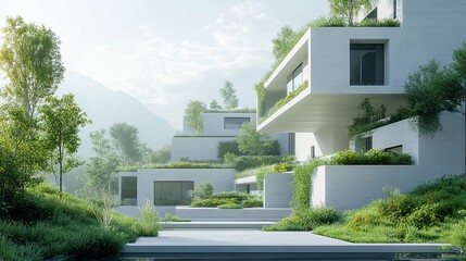 Modern, White, Multi-Level House with Green Roofs and Landscape