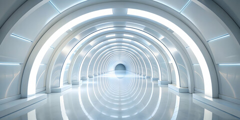 Obraz premium Futuristic white tunnel with abstract design, modern interior, curved lines, soft lighting, high-tech atmosphere, white, tunnel