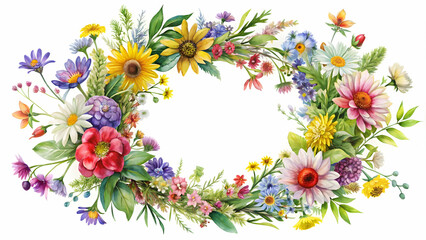 Obraz premium Watercolor style rainbow wildflower arrangement with diverse types and colorful wreaths on a white background