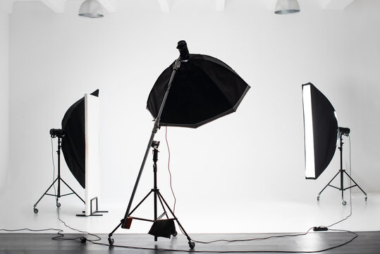 Photo studio equipment. A white cyclorama and three light sources - an octobox and two stripboxes.