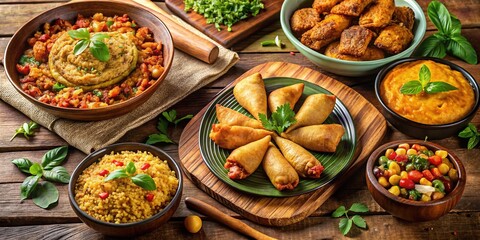 Vibrant colors abound in a mouthwatering Puerto Rican feast featuring arroz con gandules, empanadas, and chicken skewers, set against a traditional rustic wooden tablecloth.