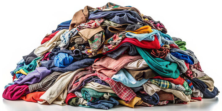 A large mound of mixed clothing items in diverse colors and styles sits on a white surface, indicating readiness for sorting or donation at a local charity event