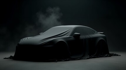 Presentation of a car covered with black fabric on a dark background, smoke. Banner, layout