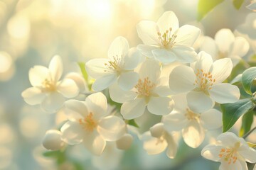 Obraz premium Delicate white blossoms with soft sunlight in a serene nature scene.