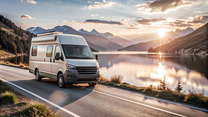 Obraz premium A silver camper van cruises down a picturesque road beside a tranquil lake, framed by majestic mountains as the sun sets, casting a warm glow over the landscape