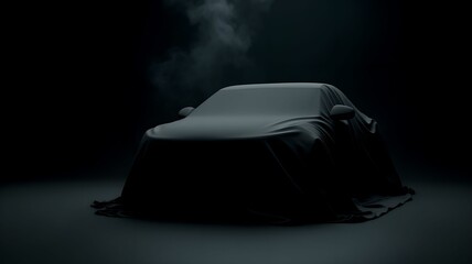 Presentation of a car covered with black fabric on a dark background, smoke. Banner, layout