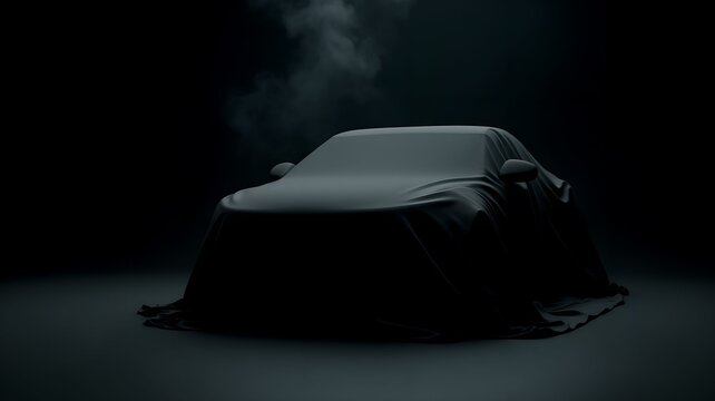 Presentation of a car covered with black fabric on a dark background, smoke. Banner, layout
