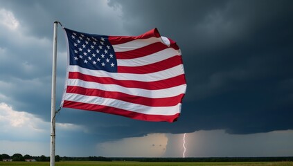 American flag amidst approaching clouds during an impending thunderstorm
