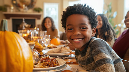 Portrait of african american son with family smiling at thanksgiving dinner table. Thanksgiving, celebration, tradition, meal, home, family, togetherness and lifestyle, unaltered