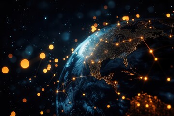 A glowing globe with a network of lights surrounding it