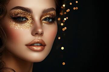Fashion portrait of beautiful woman with golden make-up on dark background with generative ai