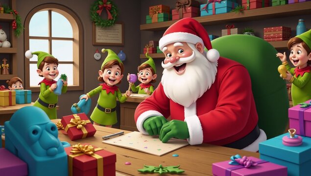 Cartoon design featuring Santas secret workshop backdrop