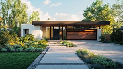 Fototapeta premium Modern House with Landscaped Front Yard and Concrete Walkway