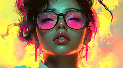 Obraz premium A Digital Painting of a Woman with Pink Glasses and Glossy Lips Against a Yellow and Green Background
