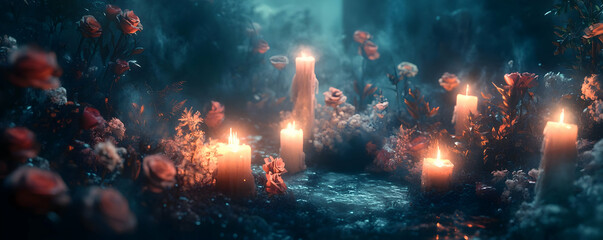 Mystical Forest Scene with Burning Candles and Roses in a Blue Haze