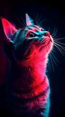 A Close-Up Portrait of a Cat Illuminated by Vibrant Pink and Blue Neon Lights, Its Fur Glowing with an Ethereal Aura Against a Dark Background