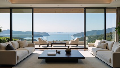 Obraz premium A luxurious living room interior showcases a table chairs beside a large panoramic window