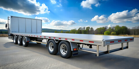 A detailed description of a flatbed trailer used for transporting goods, transportation, cargo, trucking, logistics