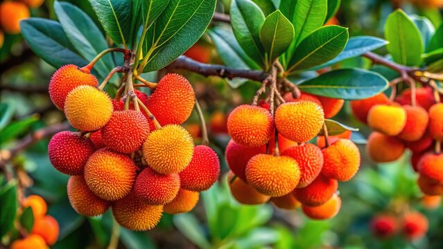Vibrant orange fruits of the arbousier tree, also known as European strawberry tree, hang from branches amidst dark green leaves in a lush forest setting.