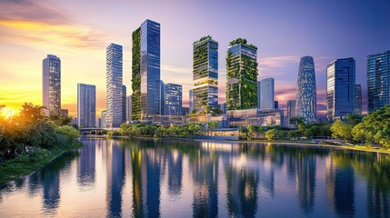 Fototapeta premium A vibrant city skyline featuring modern skyscrapers with green roofs and vertical gardens, complemented by solar panels on rooftops, set against the backdrop of a tranquil river reflecting the city